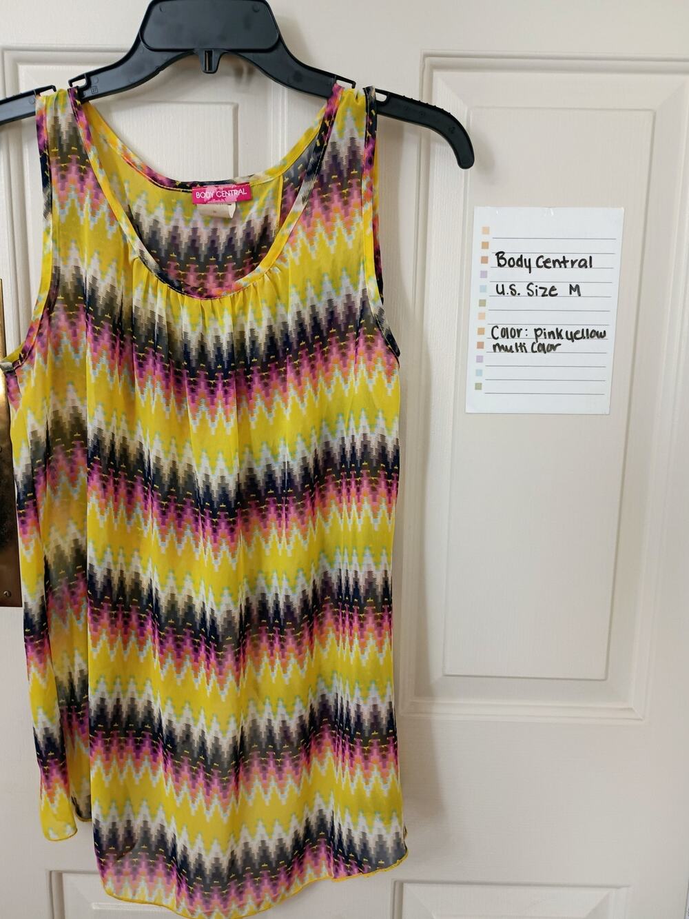 Body Central - Y2K Yellow Black & Pink Chevron Sheer Printed Tank Top - M